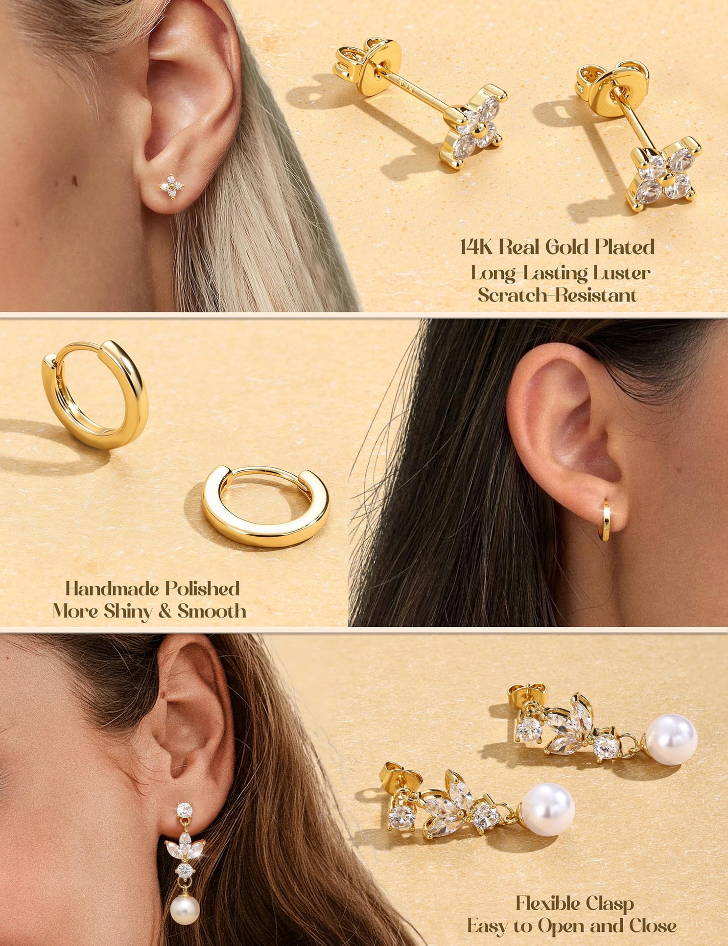 MILACOLATO 5Pairs 925 Sterling Silver Earrings for Women 14K Gold Plated Stud Huggie Hoop Earrings Sets for Multiple Piercing Hypoallergenic Pearl Cartilage Earrings Stacks Trendy Gifts
