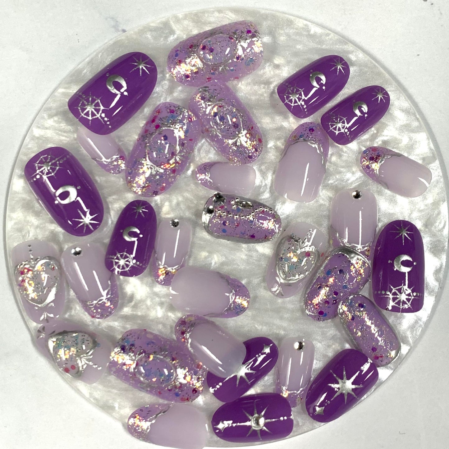 BABALAL Short Round Press on Nails - Purple Fake Nails, Glitter Shiny Design, Heart Moon Star Cute, Y2k Glossy Acrylic False Nails with Charm