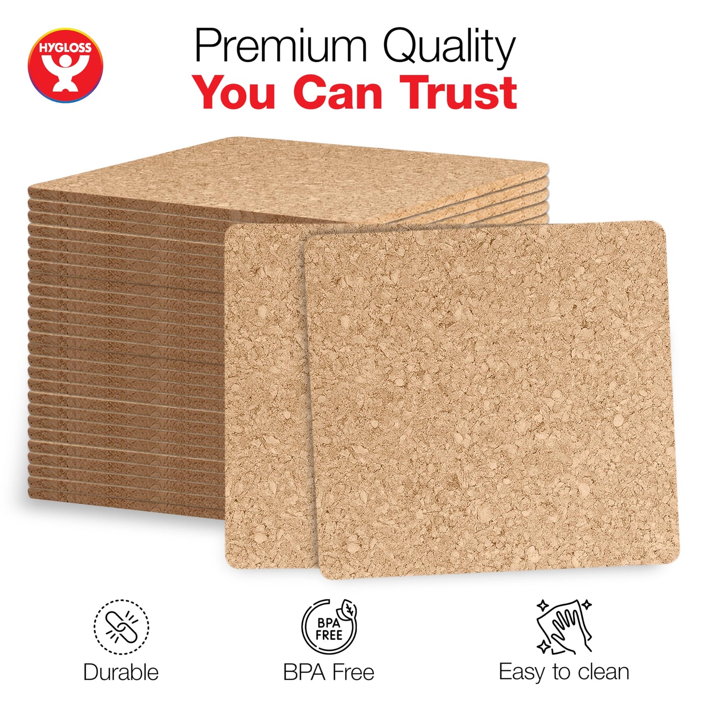 Hygloss Products Natural Cork Coasters - Eco Friendly Absorbent Square for Drinks, Trivets, and DIY Crafts, 3mm, 6 inch, Set of 6