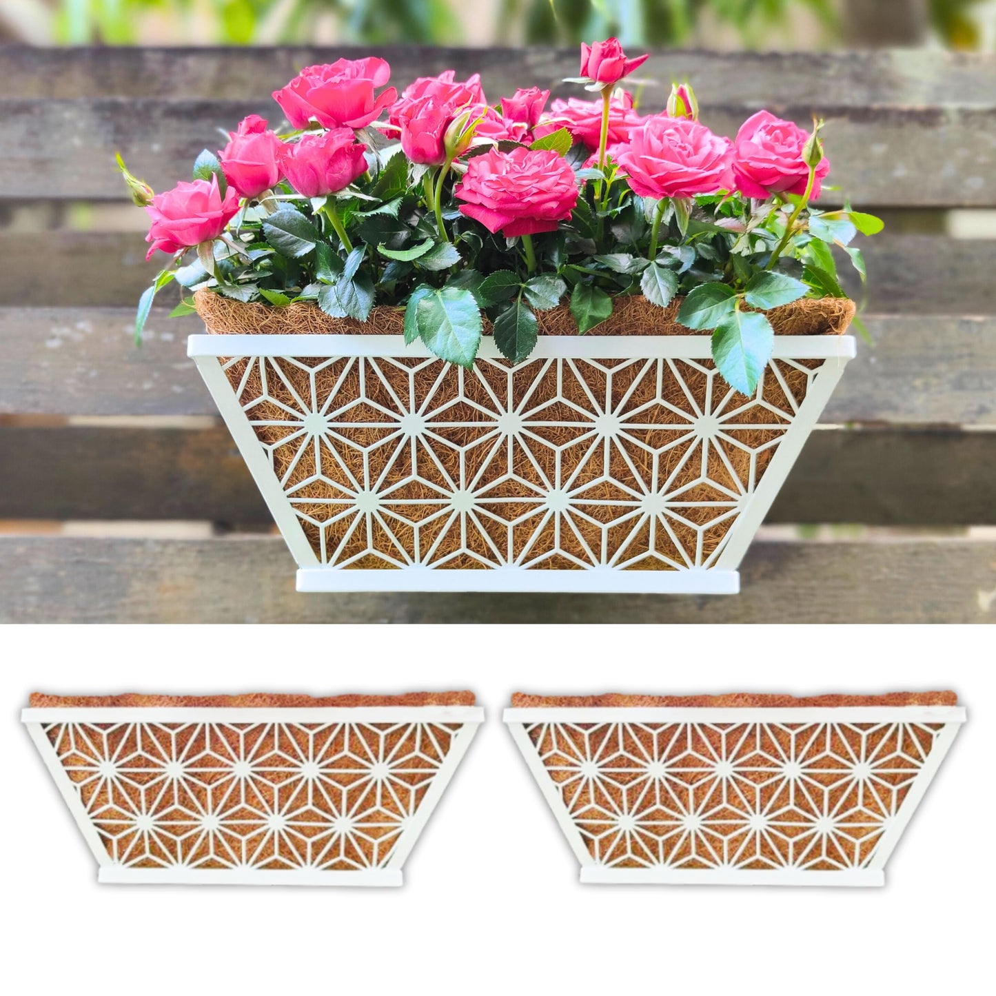 LaLaGreen Window Boxes Planter (2 Pack, 12 Inch) White Metal Rectangular Wall Planters with Coco Liner, Horse Trough Deck Railing for Outdoor Plants Holder, Modern Rail, Balcony, Fence, Porch Patio
