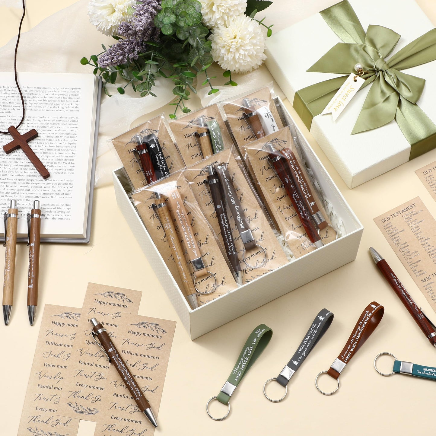 Gueevin 30 Sets Easter Christian Church Gift Bulk Bible Verse Bamboo Pens Religious Bookmarks and Scripture Silicone Keychains Appreciation Gift for Employee Nurse Women Men Pastor Teacher Sunday