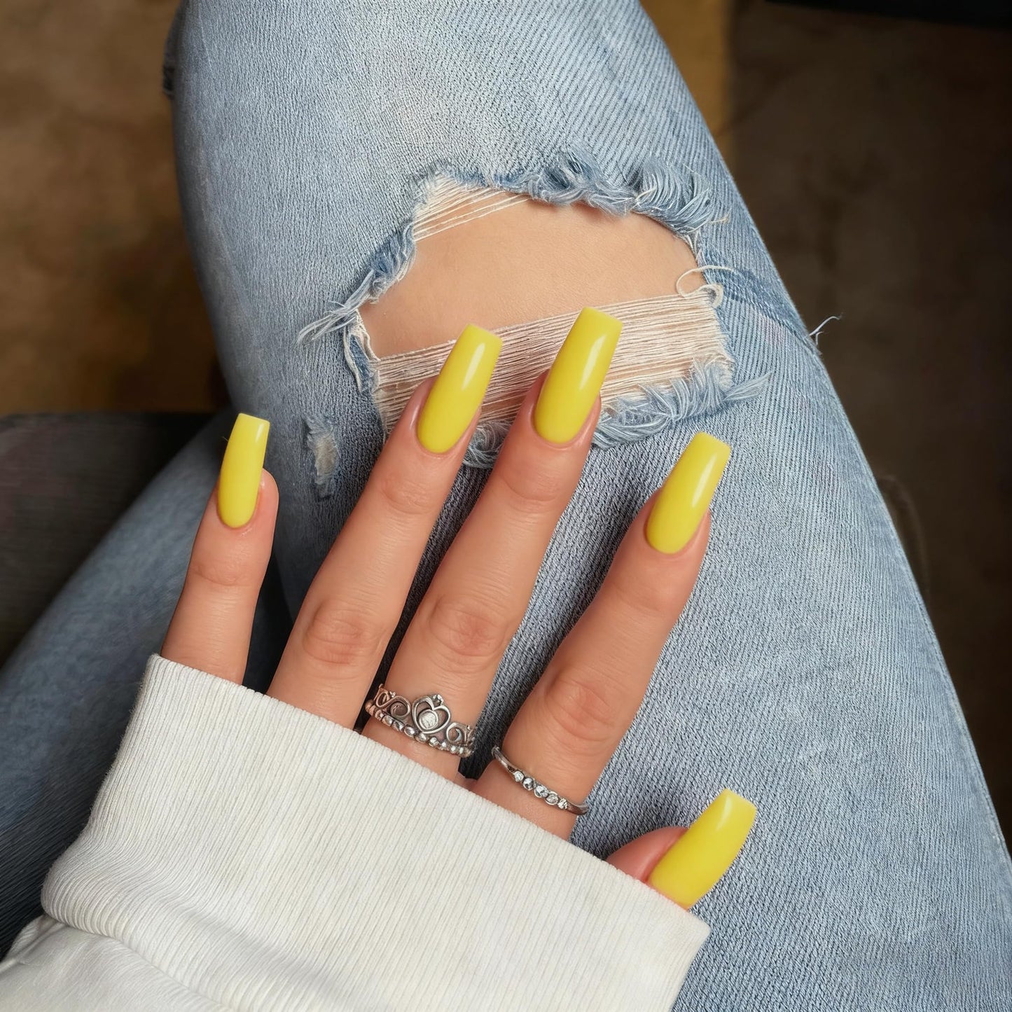 Yellow Press On Nails Medium Long Square, Xcreando Medium Coffin Nails Acrylic Nails Press ons Glue on Nails Medium Length, Solid Color Fake Nails for Women, Natural Thick Artificial Nails Stick on