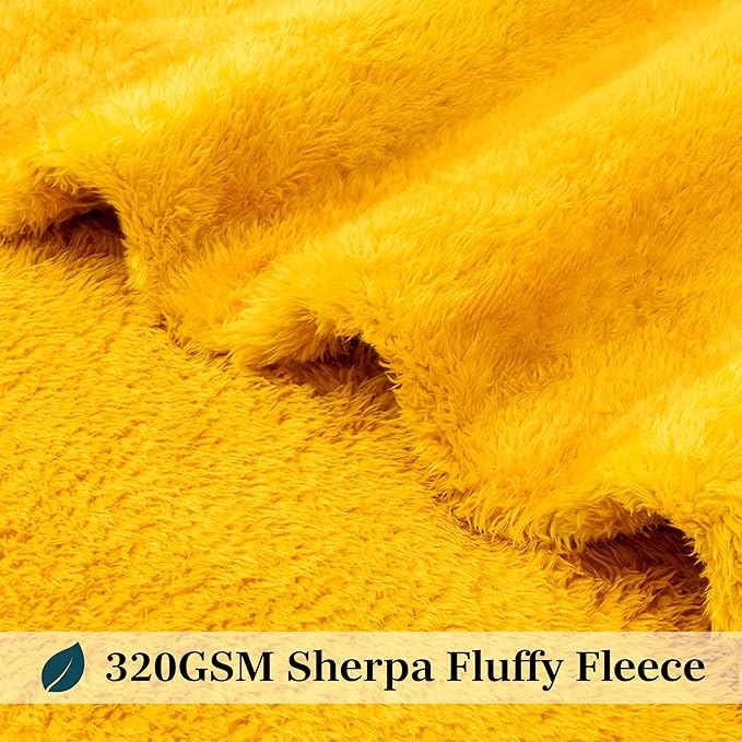 PAVILIA Sherpa Throw Blanket for Couch Sofa, Mustard Yellow Fluffy Warm Plush Blanket for Twin Bed, Cozy Super Soft Lightweight Throw, Fuzzy Decorative Blanket, All Season Home, 60x80