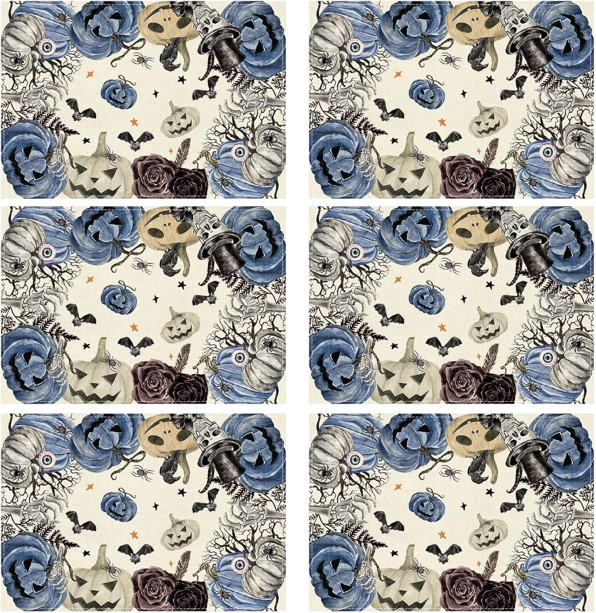 XCHI Spooky Blue Pumpkin Halloween Placemats Set of 6 Table Mats for Party Home Kitchen Dining Table Decorations 12x18 Inch