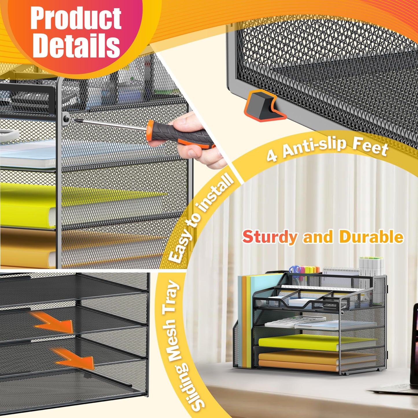 Docnest 4 Tier Mesh Desk Organizer with File Holder – Multi-Functional Paper Letter Tray with 5 Adjustable Compartments, 3 Pen Holders, Desktop Storage for Files, Mail, Stationery – Black