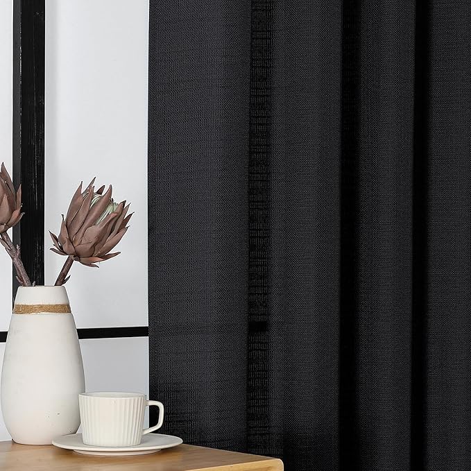 Chyhomenyc Black Curtains 63 Inch Length 2 Panels, Faux Linen Textured Semi Sheer Light Filtering Rod Pocket Soft Breathable Window Treatment Drapes for Living Room Bedroom, Each 40" Wx63 L