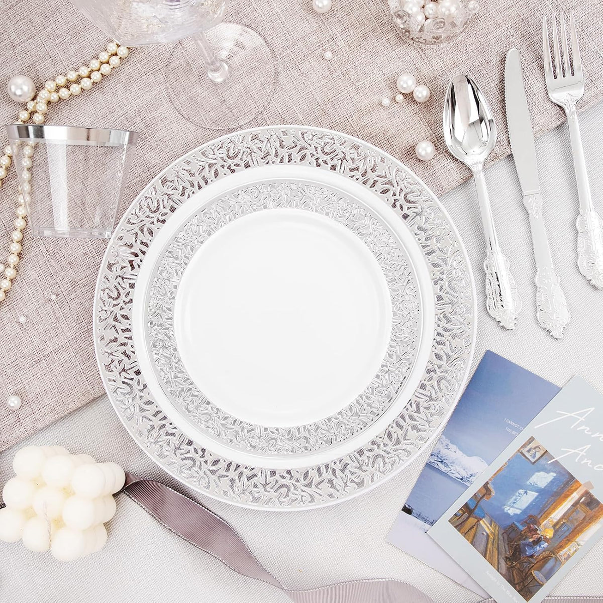 DaYammi 210PCS Silver Plastic Dinnerware Set, Silver Disposable Plates, Includes:30 Dinner Plates,30 Salad Plates,30 Cups 9 OZ and 30 Pre Rolled Napkins with Cutlery Heavy Duty for Party