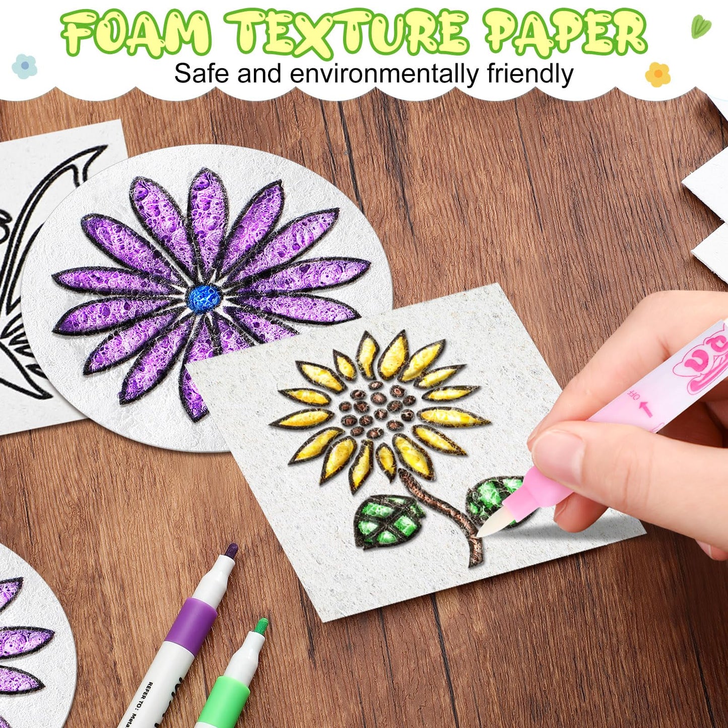 Maitys 65 Pcs Pre-Designed Magic Foam Texture Paper Painting Kit, 3 x 3'' White Foam Texture Paper with Colors Marker Water Brushes for 3D Craft Drawing DIY(Flower and Bird)
