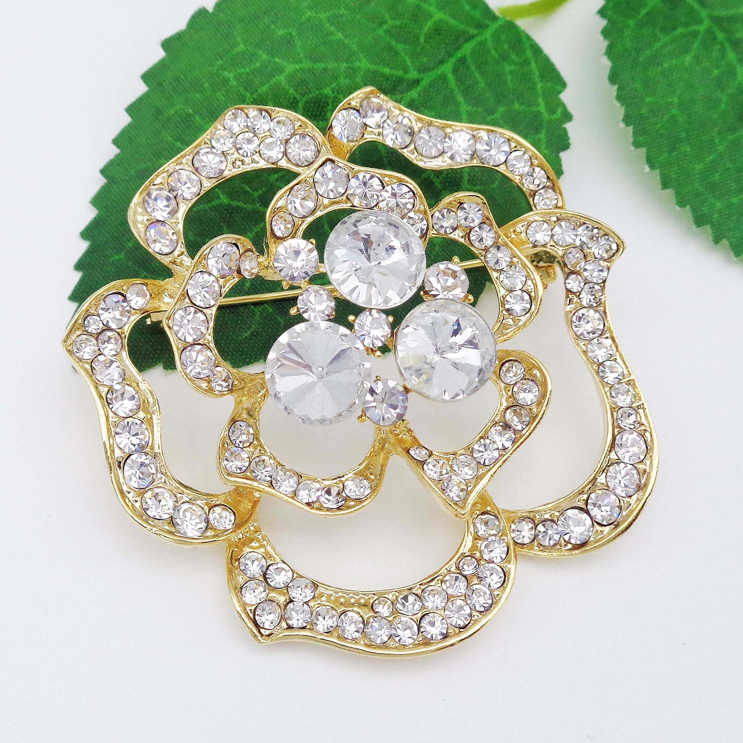 Navachi 18k Gold Plated Clear Crystal Blooming Rose Flower Az7437b Brooch pins