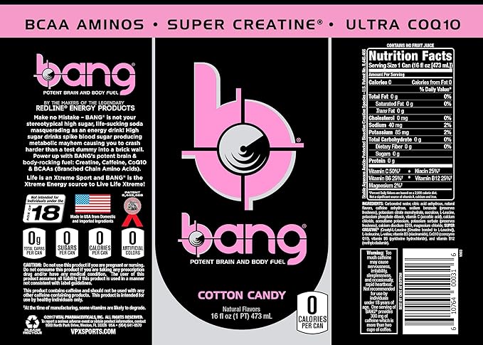 Bang Energy Cotton Candy, Sugar-Free Energy Drink, 16-Ounce (Pack of 12)