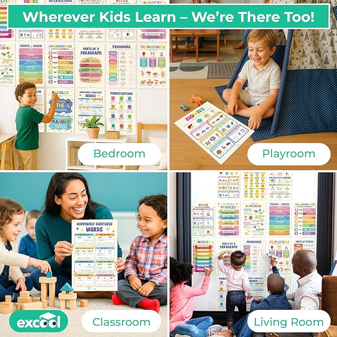 Excool Club Colorful Parts Of Speech Posters For Classroom Decor - 16 English Grammar Posters For Elementary, Ela Poster For Middle School Classroom Must Haves, Language Arts Teacher Supplies (11x17')