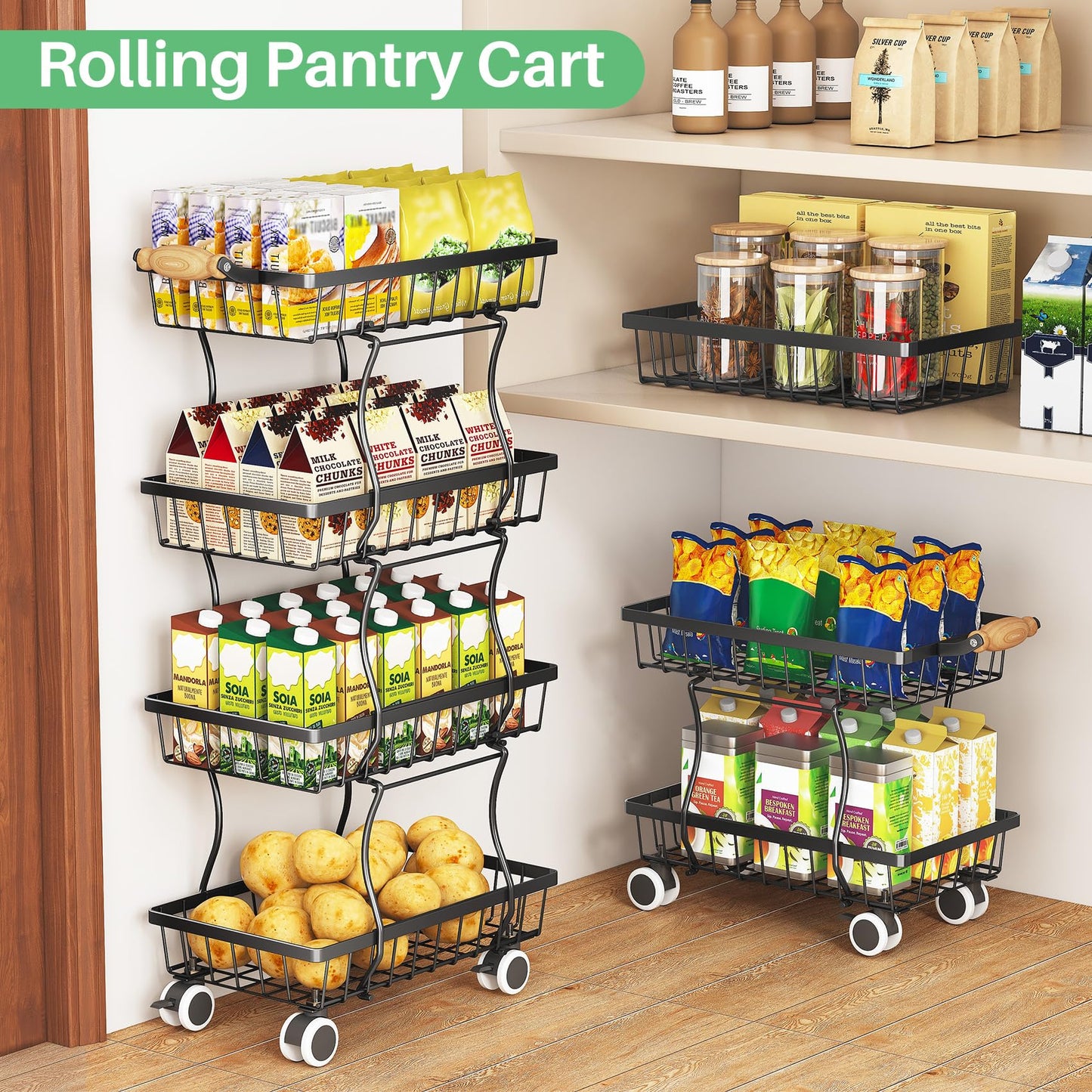 SAYZH Fruit Basket Kitchen Pantry Organizers and Storage - 4 Tier Stackable Metal Wire Basket Stand for Fruit Vegetable Snacks Jars Bins Containers Organization(Black, 4 Tiers)