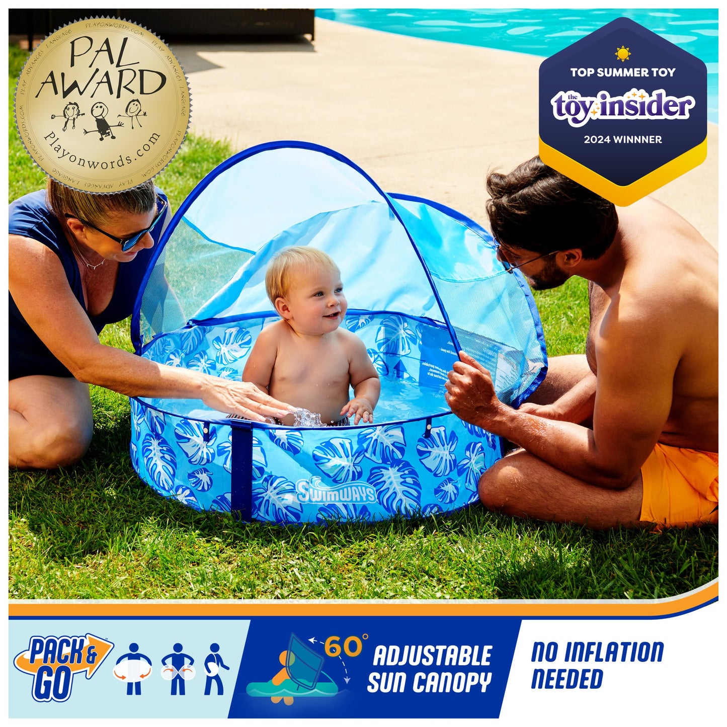 Swimways Elite Pop-Up Above Ground Pool, Baby Pool with Canopy & Carrying Case, Foldable Kiddie Pool for Ages 9-24 Months, Measures 32", Blue