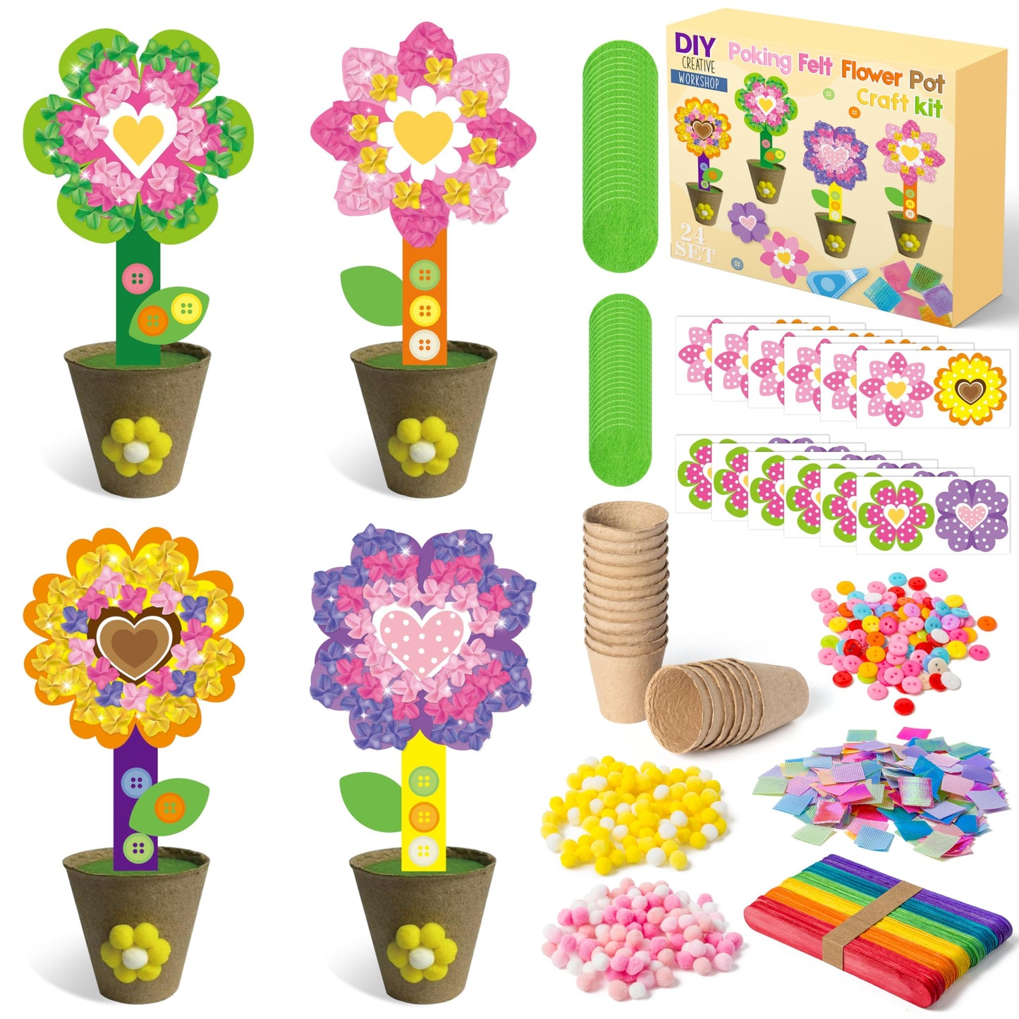 FoszaSzept Poking Felt Flowers Craft Kits - DIY Back to School Felt Standing Flowers Gift with Flower Pot and Fabric Squares, Springtime Creative Activity Home School Fun Activities for Kids (24 Pack)