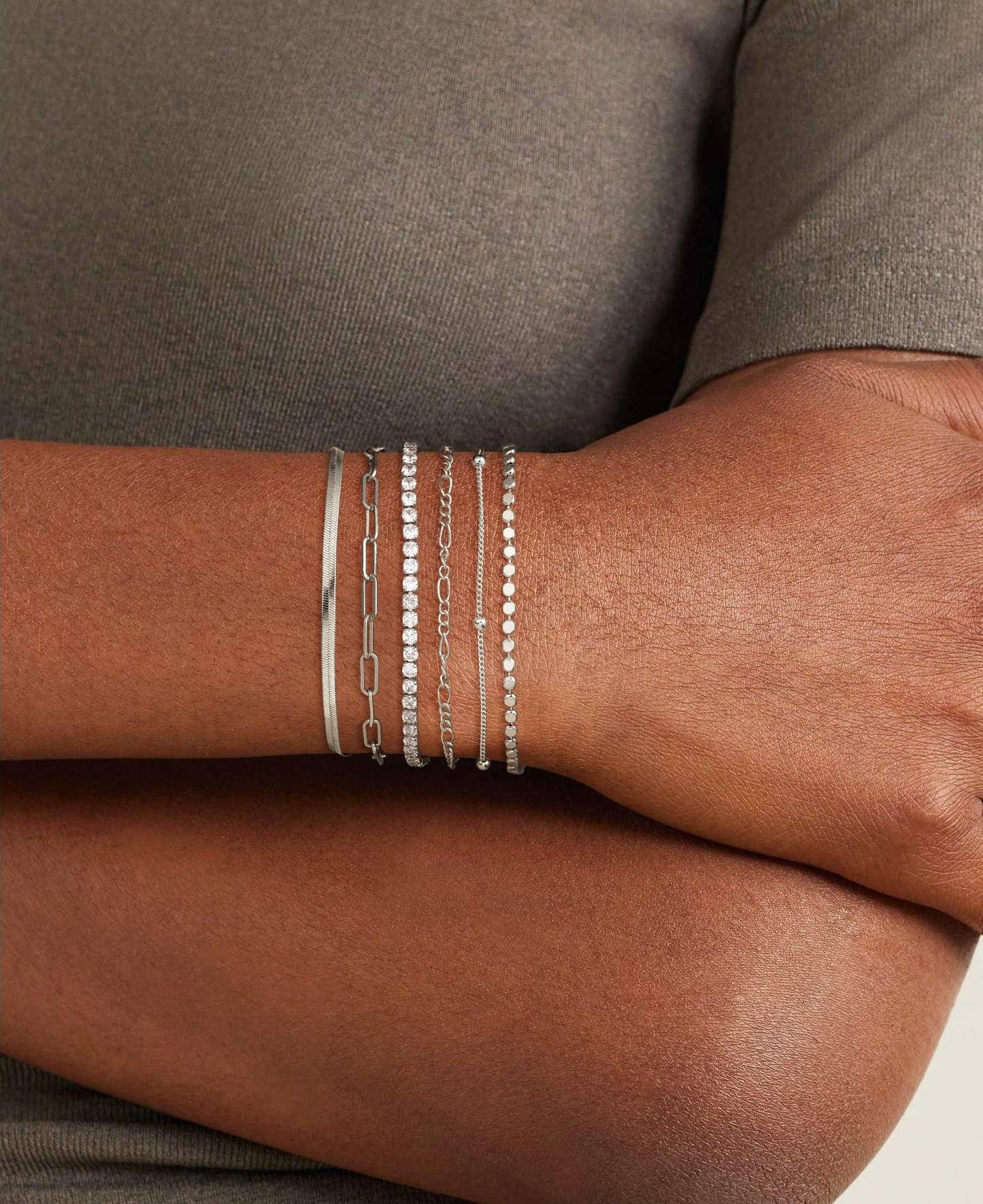DEARMAY Silver Plated Bracelets for Women Trendy, Dainty Silver Plated Jewelry Set Waterproof Fashion Stackable Tennis Figaro Herringbone Paperclip Chain Bracelet Pack Stack Gifts for Womens