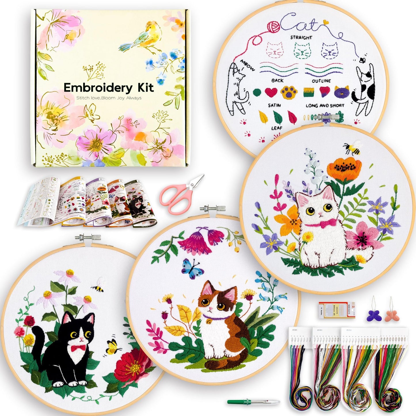 Embroidery Kit for Beginners, 4 Sets Cat Embroidery Kits, Needle Point Kits for Adults Beginner, with Full Package Sewing Supplies and Detailed Easy-to-Follow Instructions, Gift for DIY Lovers