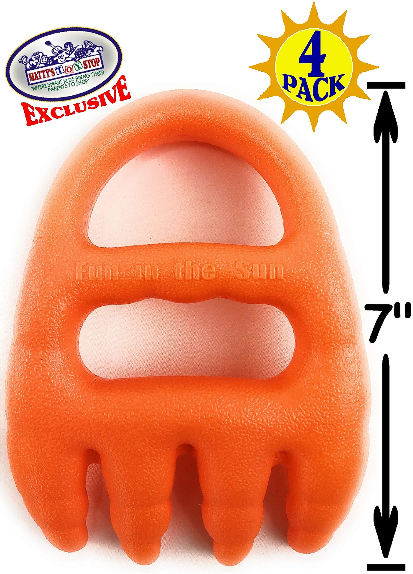 Matty's Toy Stop 7" Plastic Sand Digger Scoop Claws for Sand & Beach (Red, Yellow, Orange & Green) Complete Gift Set Bundle - 4 Pack