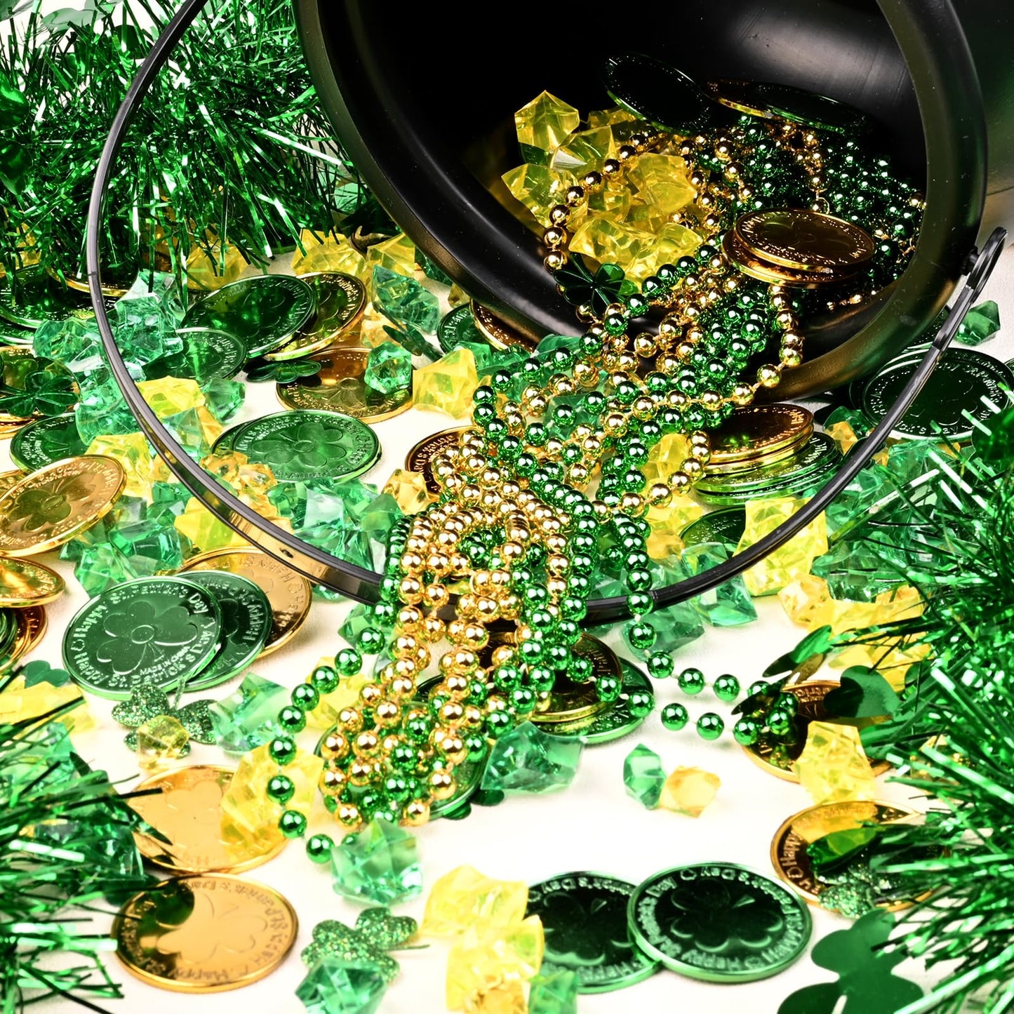 St Patrick's day 8" Black Cauldron Candy Kettle Set with Lucky Shamrock Plastic Coins Shamrock Garlands for St Patty Decorations, St. Patricks Day Party Favor