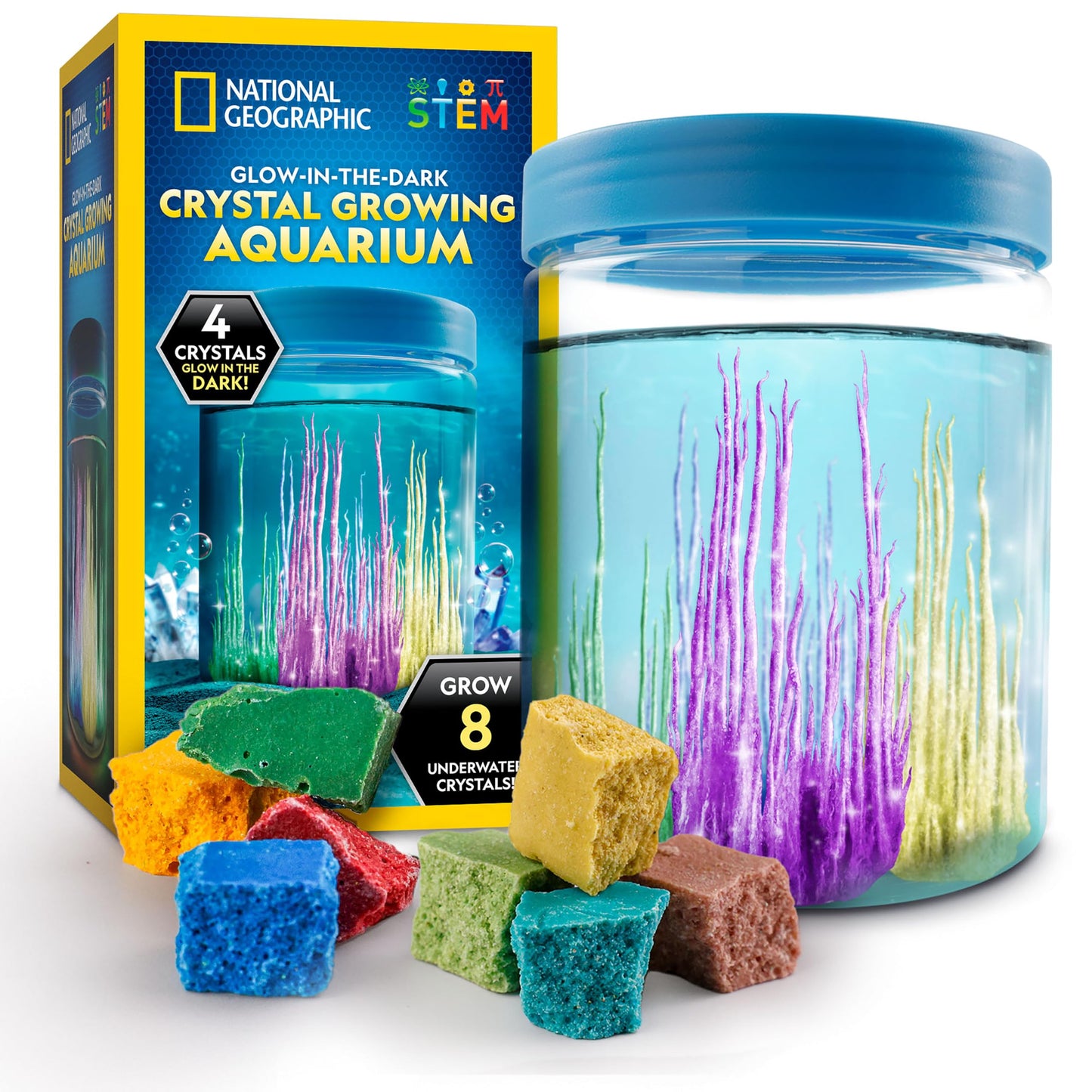 National Geographic Underwater Crystal Growing Aquarium Science Kit – Grow 8 Colorful Crystals Underwater | 360-Degree Secure Viewing Canister