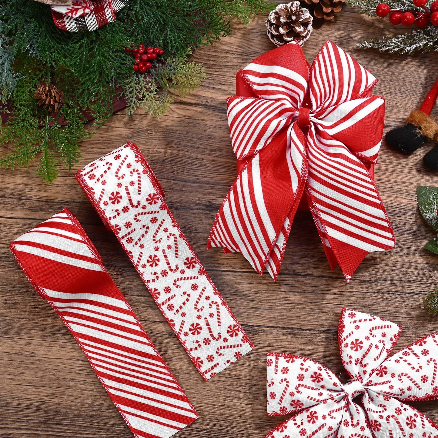 2 Rolls 12 Yards Christmas Candy Cane Wired Edge Ribbons Red White Stripes Burlap Fabric Craft Ribbons for Xmax Craft Wreath Bow Making Gift Wrapping Christmas Tree Decoration Supplies, 2.5 Inch