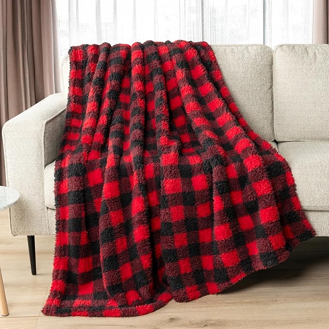 PAVILIA Sherpa Throw Blanket for Couch Sofa, Black Red Checkered Fluffy Warm Plush Blanket for Bed, Cozy Super Soft Lightweight Throw, Fuzzy Decorative Blanket, All Season Home, 50x60