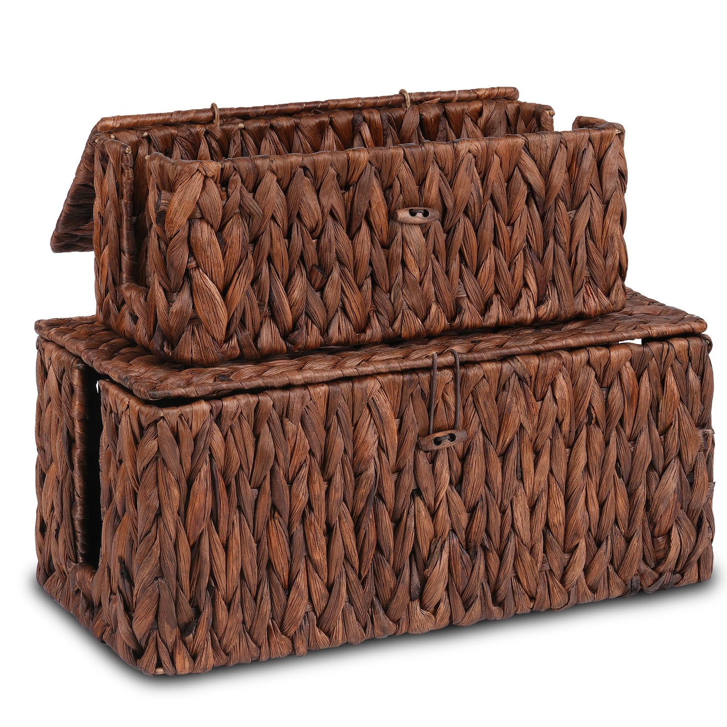 efluky 2 Pack Hand-Woven Cable Management Boxes, Water Hyacinth Cord Organizer Box with Lid, 2 Open Slots Cable Organizer Basket to Hide Power Strip and Charger for Home & Office and Dorm,Brown