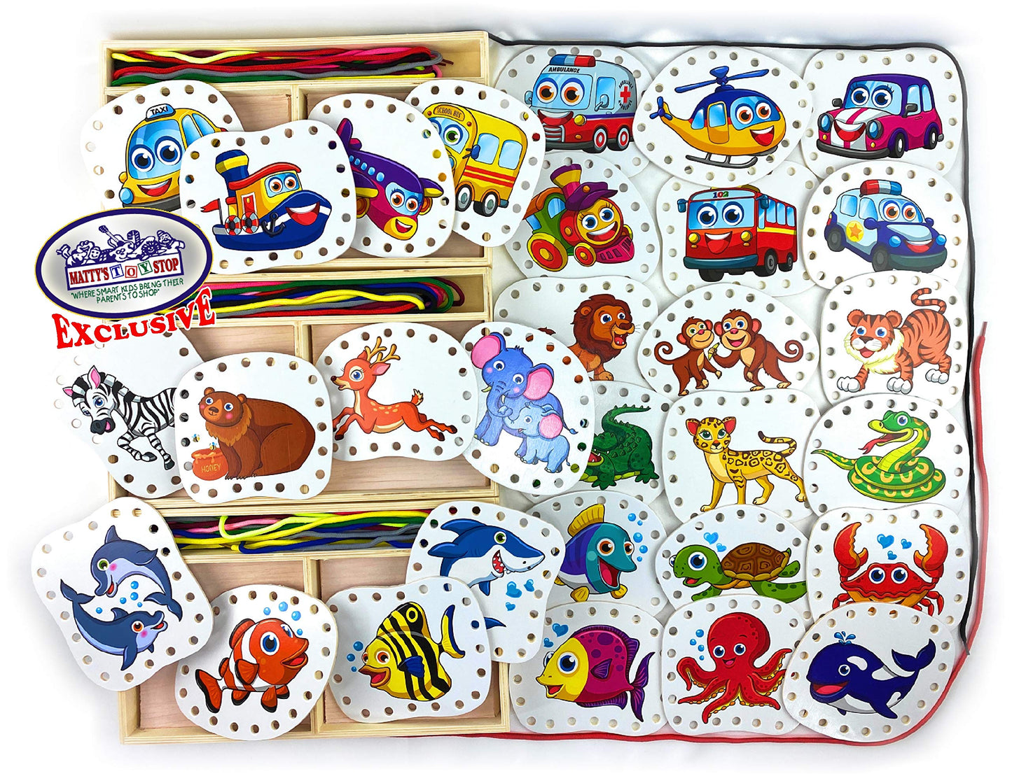 Matty's Toy Stop Deluxe Lacing Shapes (10 Count) Vehicles, Fish & Jungle Animals Educational Gift Set Bundle - 3 Pack (30 Shapes Total)