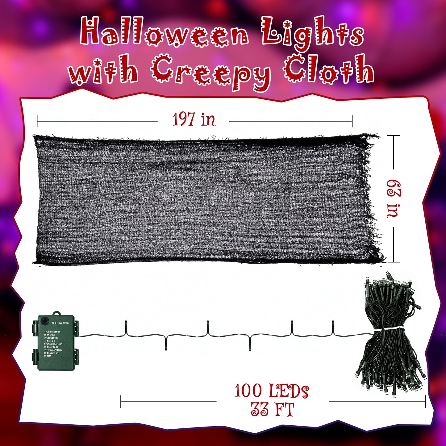 Ollny Halloween Lights 100LED 33FT, Orange and Purple String Lights with Creepy Cloth(197 x 63 in), Battery Operated Fairy Lights with 8 Lighting Modes Timer for Outdoor Party Yard Decor