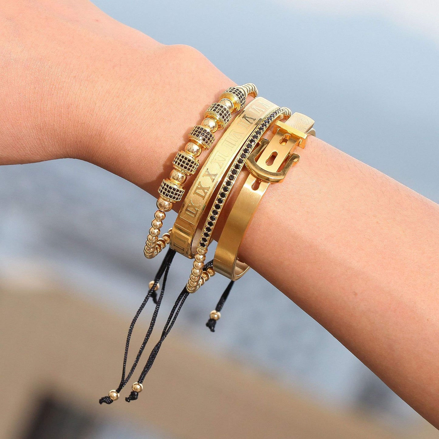 Jarlinwel Gold Silver Plated Bracelets for Men Women Roman Numeral Bangle Bracelet Stainless Steel Personalized Engraved Unisex Gift (4 Pcs Mens Gold Bangle)