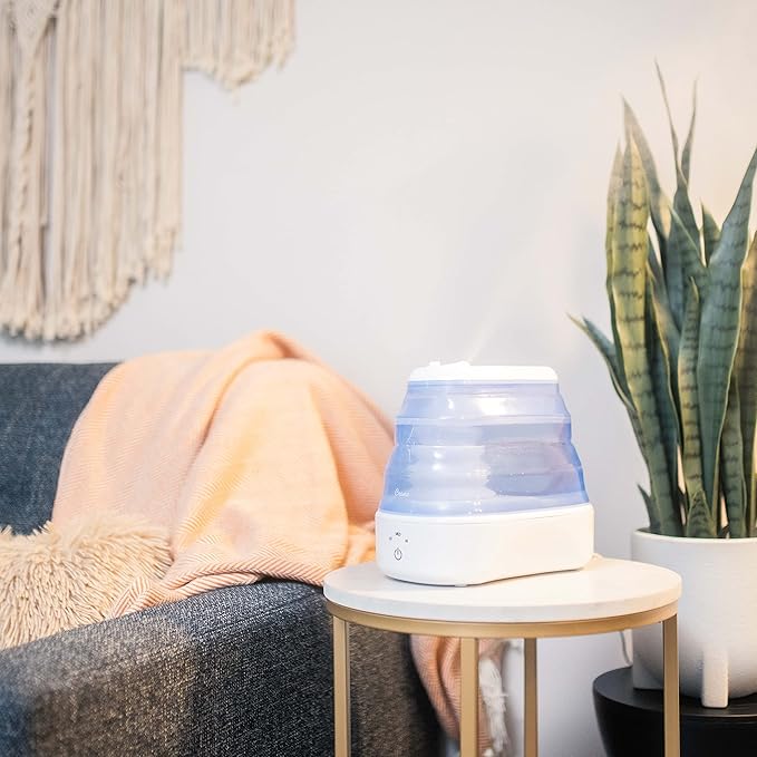 Crane Collapsible Cool Mist Humidifier for Bedroom and Office, 1 Gallon Portable Humidifier for Travel and Easy Storage, Blue and White