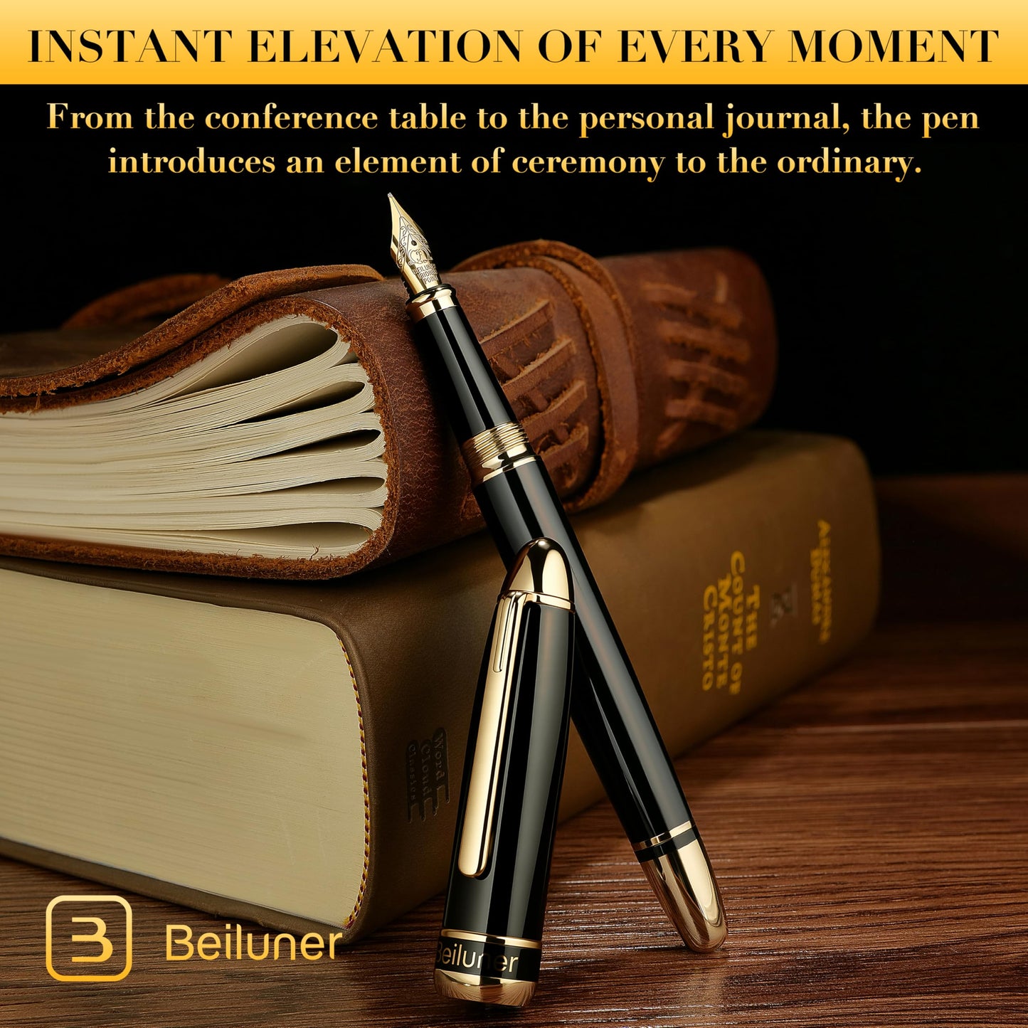 BEILUNER 315 Black Fountain Pen,Stunning Luxury Pens with 24K Gold Accents, Gorgeous 24K Gilded Nib(Fine), Ink Converter,Fancy Pen Gift for Men&Women-Elegant, Office, Graduation, Nice Design