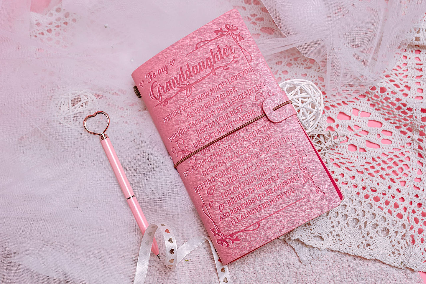 To My Granddaughter’s Gift Pink Leather Journal+Heart Diamond Pen Set ,Engraved Notebook Writing Journal,Refillable Notepads,Travel Diary Graduation Back to School,Christmas,Birthday Gifts for