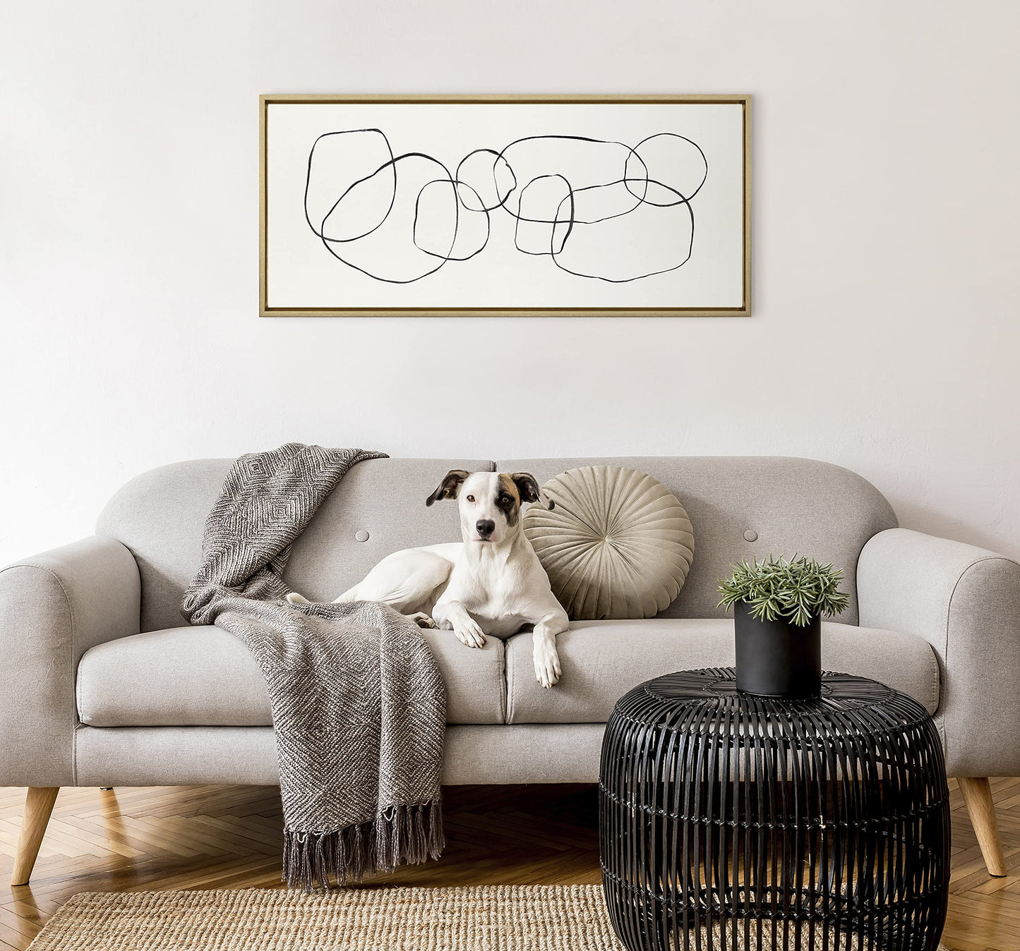 Kate and Laurel Sylvie Dancing Circles Framed Linen Textured Canvas Wall Art by Teju Reval of SnazzyHues, 18x40 Gold, Neutral Abstract Wall Decor