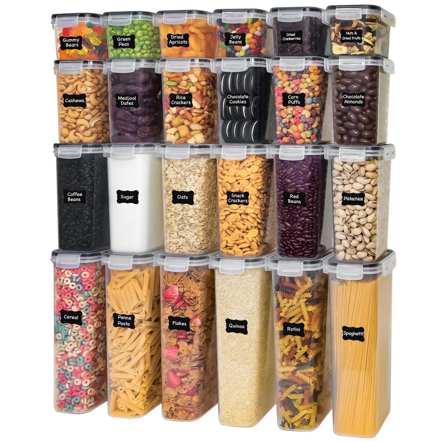 Freshware Kitchen Storage Containers with Lids, 48 PCS Airtight Food Storage Containers, Plastic Kitchen Containers, Pantry Containers for Cereal, Dry Food, Includes Labels, Marker & Measuring Spoons