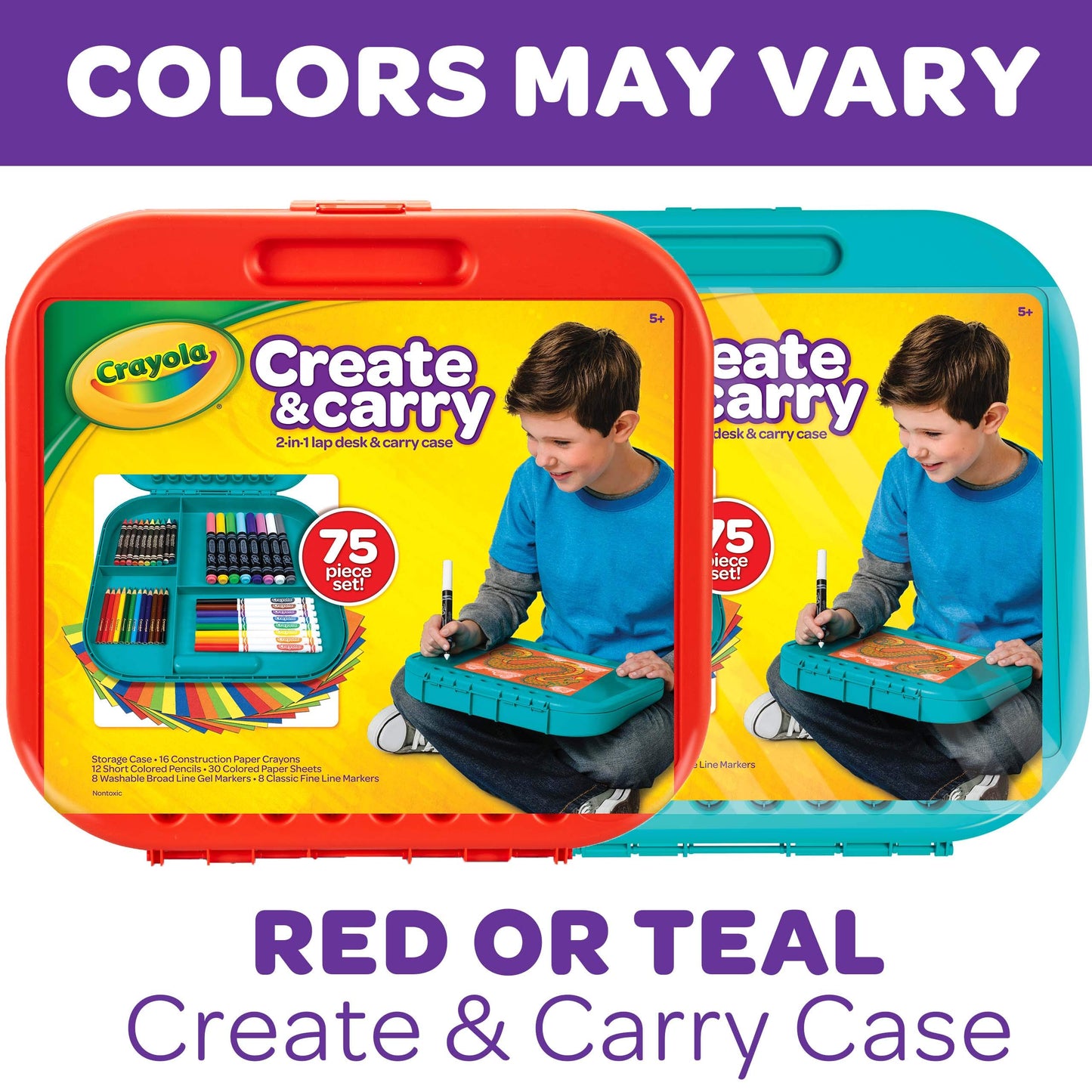 Crayola Create 'N Carry Travel Art Set for Kids (75pcs), 2-in-1 Lap Desk & Carrying Case, Essential Easter Basket Stuffers, Art Supplies Kit, Spring Crafting, Gift for Kids