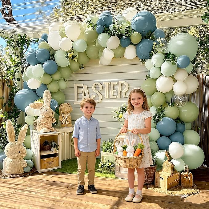 Dusty Blue & Mint Green Balloon Arch Kit, Double Stuffed with Clear Bobo – Slate Blue, Olive, White & Beige Latex Balloons for Baby Shower, Bridal & Wedding