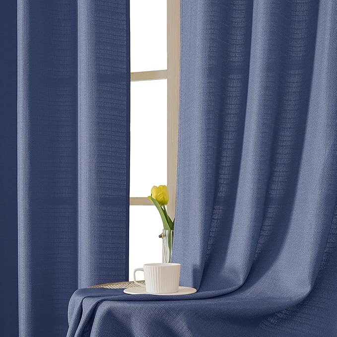 Chyhomenyc Bennet 2 Panels Blue Kitchen Curtains 36 Inch Length Tier Curtain, Faux Linen Textured Small Cafe Curtain, Light Filtering Short Window Curtains for Bathroom Basement, 30x36 inch