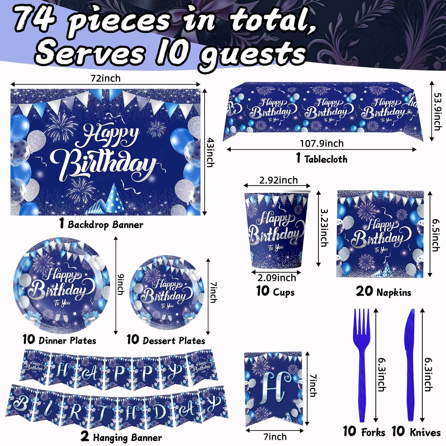 74 Pcs Blue Sliver Happy Birthday Party Supplies Disposable Tableware Set Included Plates, Cutlery, Cups, Napkins, Tablecloth, Banner, Backdrop - Serves 10