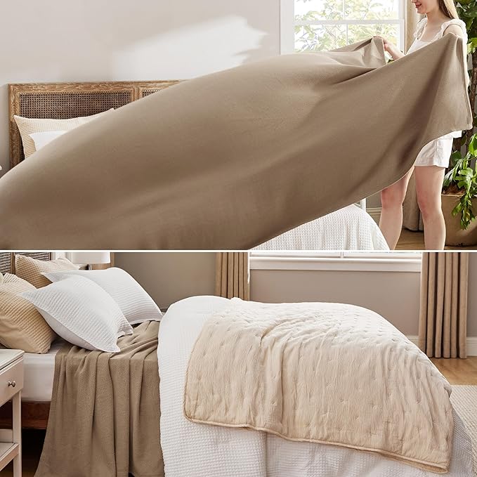Bedsure 100% Cotton Blanket King Size for Bed - Breathable and Lightweight, Soft Cozy Textured Herringbone Woven Blanket for Summer Spring, Tan, 108x90 inches