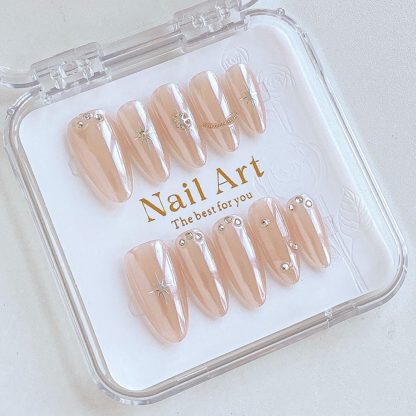 GLORS Almond Press-On Nails, Nude with Crystal Rhinestones and Star Design, Handmade False Nail 10 Pieces (Small, Almond)