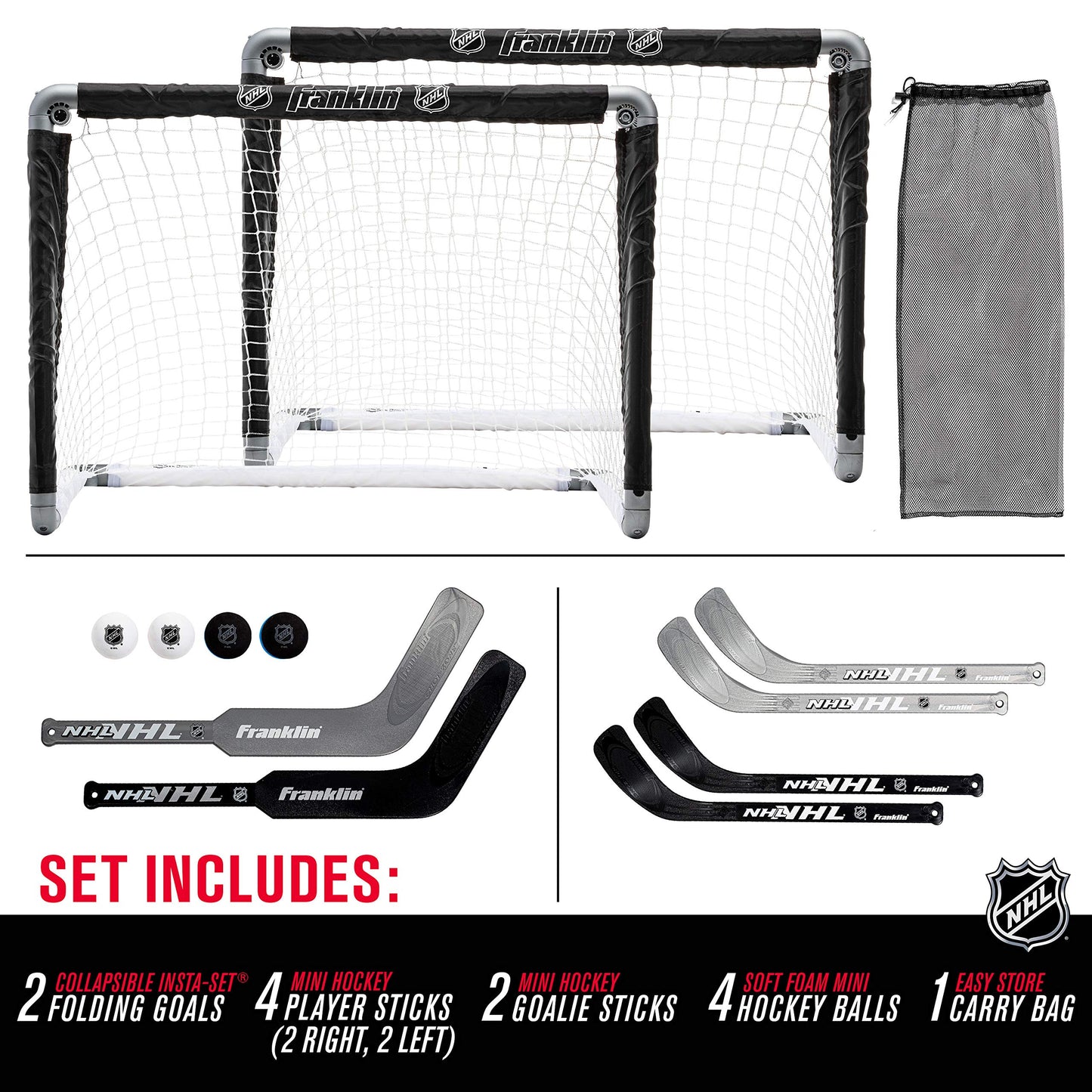 Franklin Sports NHL Mini Hockey Goal Set of 2 - Black - Includes Mini Hockey Goals, 4 Sticks, 2 Goalie Sticks, and 4 Foam Balls