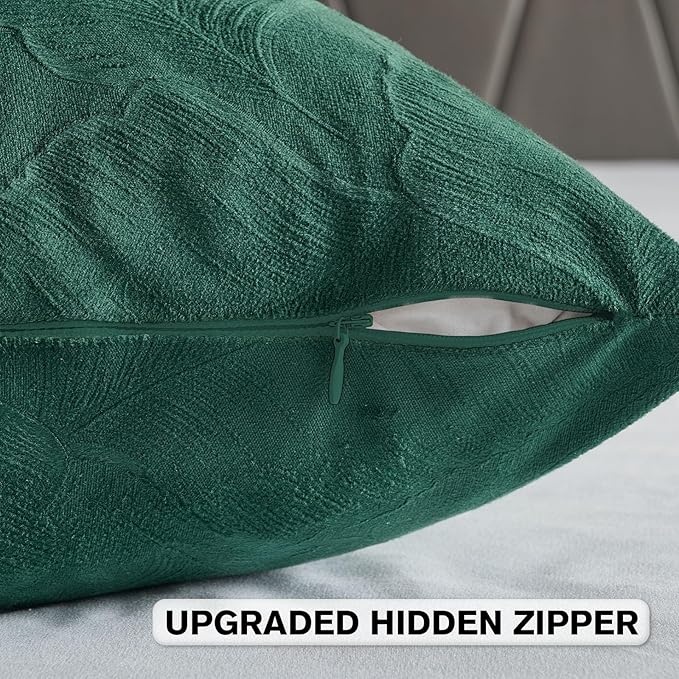 FUTEI Christmas Dark Green Velvet Throw Pillow Covers 20x20 Inch Set of 2,Soft Embossed Leaf-Relief Textured Cushion Cases,Natural Home Decor for Couch Living Room