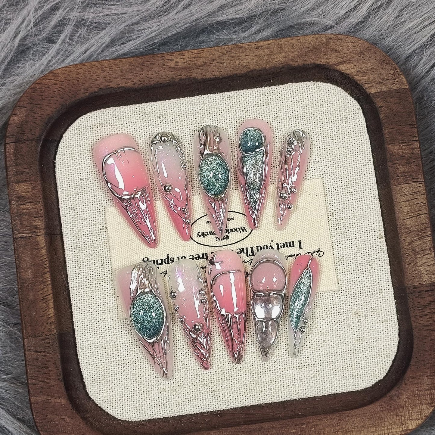 TENPAL Long Stiletto Press on Nails,Pink-Silver Holographic Gradient Hand-Painted Moons Fake Nails with 10pcs Tools,3D Cat Eye Glitter False Nails,Edgy Meteors Design Sweet-Edge Metal Nails(S)