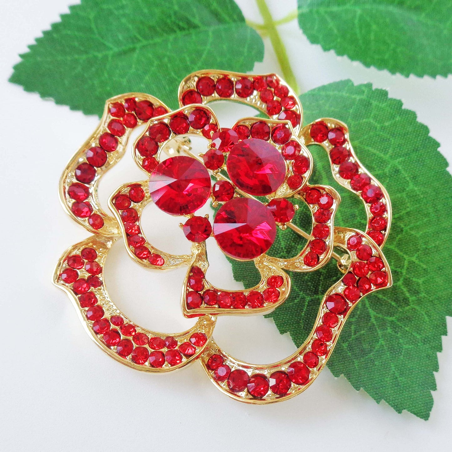 Navachi 18k Gold Plated Red Crystal Blooming Rose Flower Az7436b Brooch pins