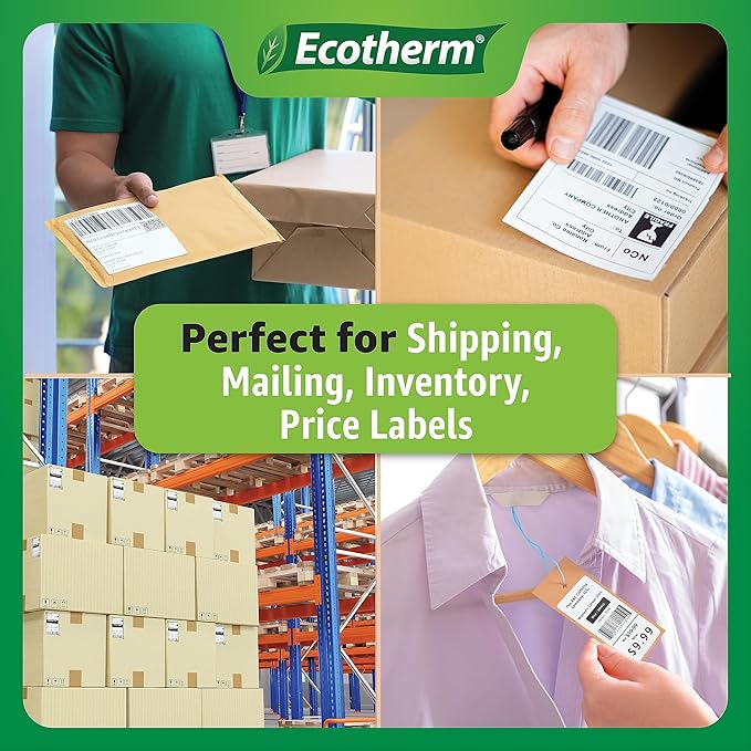 4" x 1.25" Thermal Labels | 6 Rolls | 12600 Labels | fits Zebra, Munbyn, Rollo, Godex, Arkscan, iDPRT, Offnova Thermal Label Printers and More | Blank White Adhesive Stickers by Ecotherm