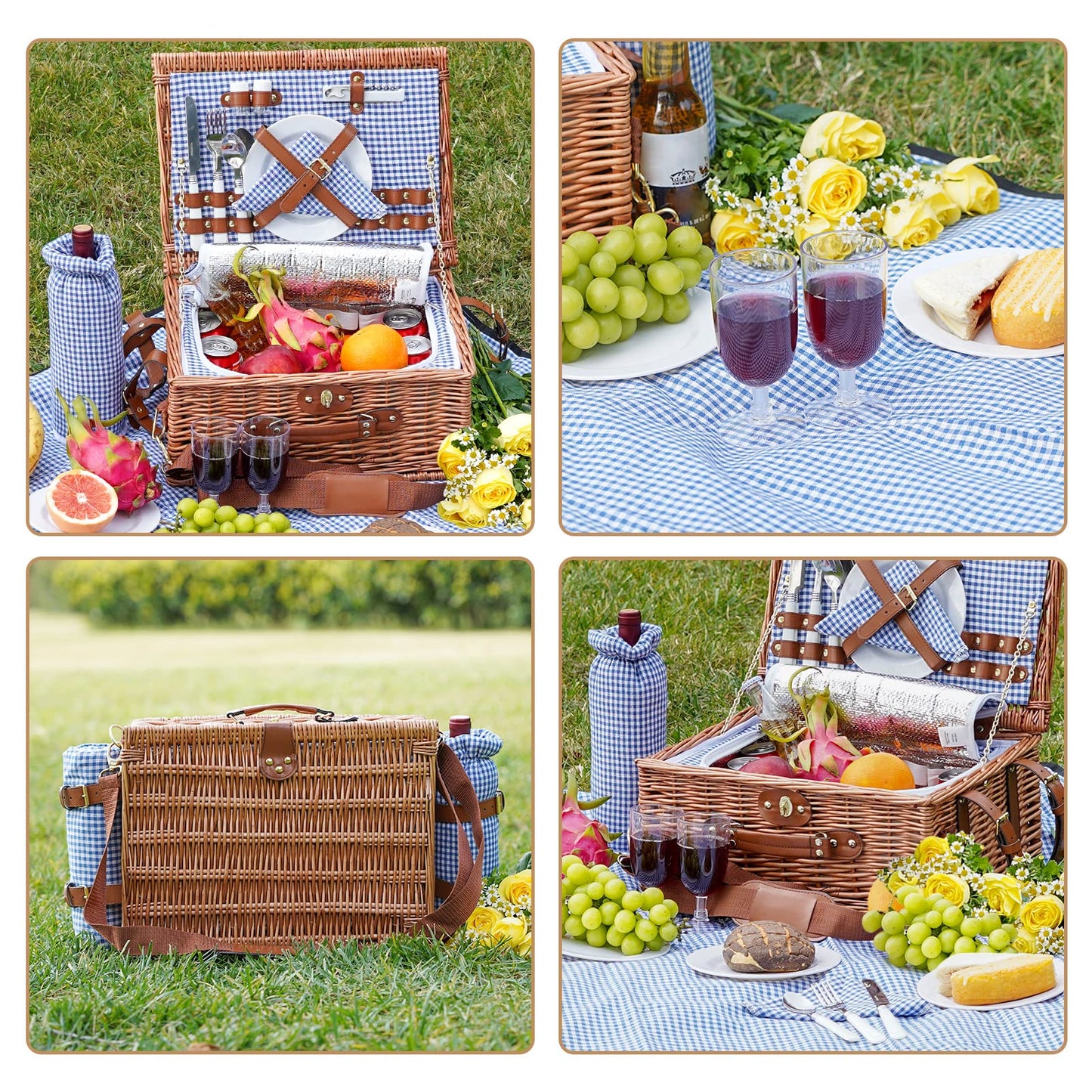 Picnic Baskets for 2, Picnic Basket with Waterproof Blanket, Picnic Basket Set with Washable Beach Mat & Large Insulated Cooler Compartment, Handmade Natural Wicker Hamper for Camping, Outdoor Party