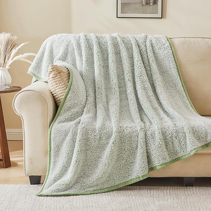 EMME Fuzzy Blanket Soft Fleece Throw Blankets for Women, Fluffy Sherpa Throws(Plush Sage,90"x90")