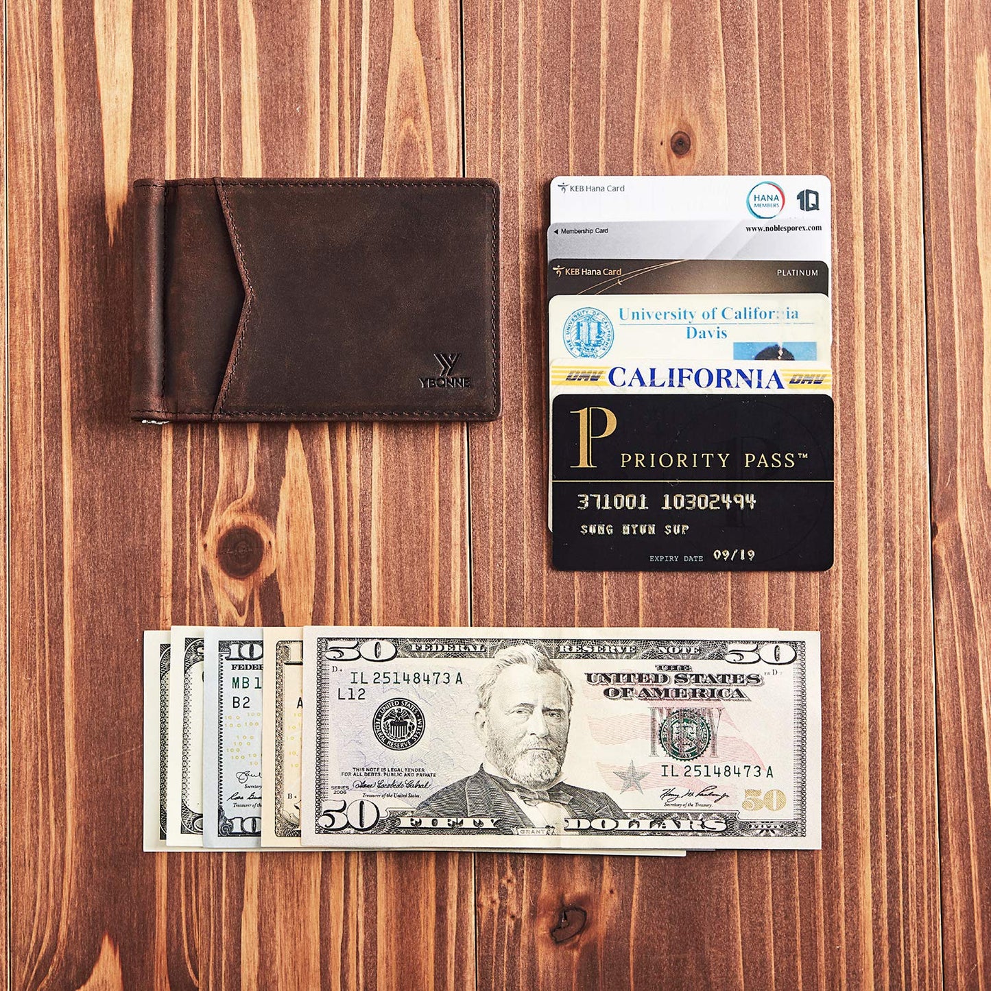 YBONNE Mens Slim Wallet with Money Clip Front Pocket RFID Blocking Thin Bifold Leather Card Holder Minimalist Mini Billfold