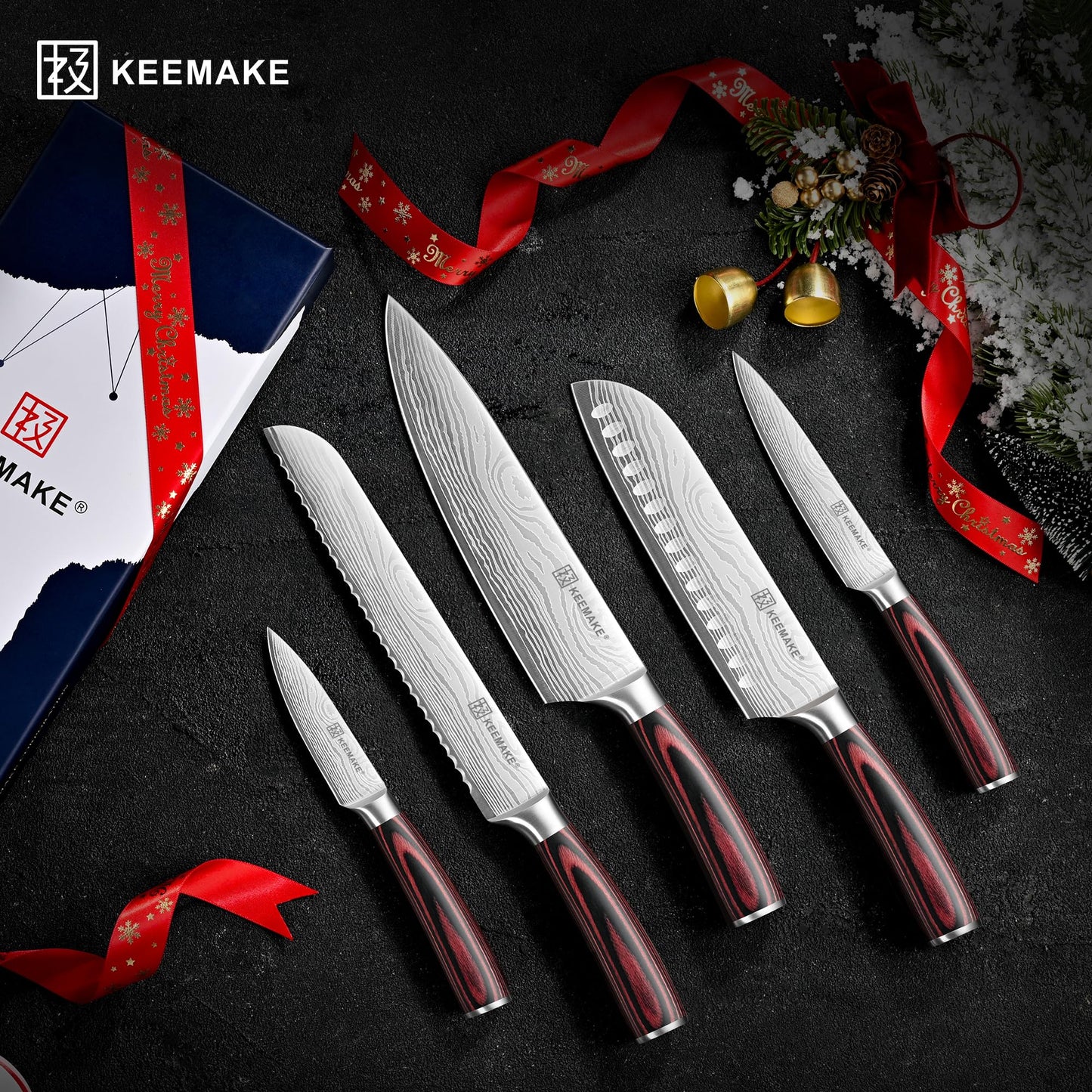 KEEMAKE Knife Set 5 Pieces, Professional Kitchen Knife Set, High Carbon Stainless Steel Chef Knife Set, Ultra Sharp Blade Knives Set for Kitchen with Ergonomic Pakkawood Handle & Gift Box