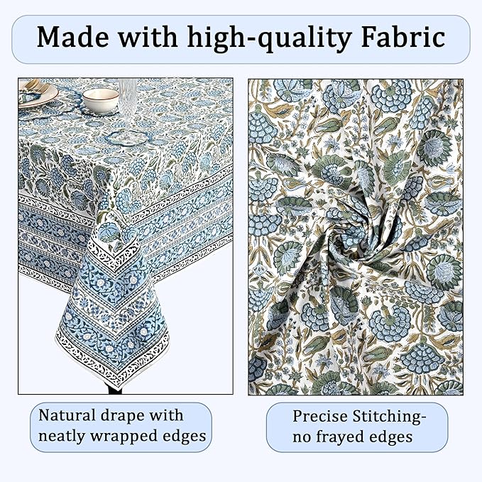 Ridhi Hand Block Print Asparagus Green Rectangle Cotton Tablecloth 90" x 60" Reusable Table Cover Decorative Everyday Use for Dining, Farmhouse, Home Gift for Spring, Easter, Valentine
